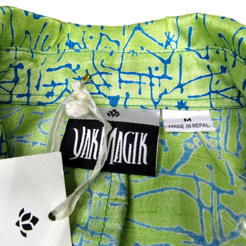 Yak Magik Womens Silk Shirt Medium Green Blue Vintage 90s Statement Eclectic Art - Picture 6 of 9